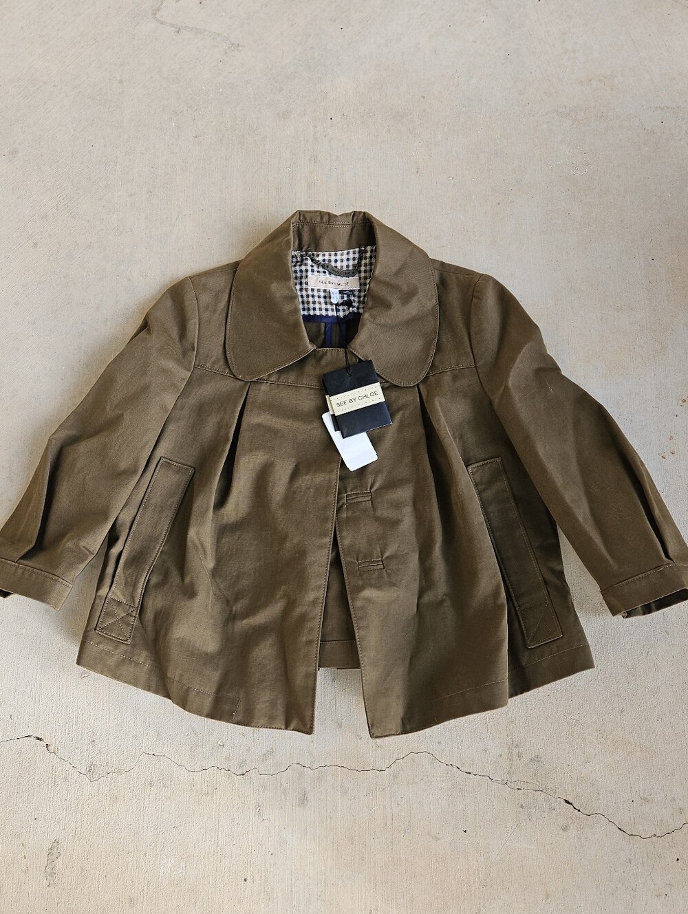 See By Chloe Olive Green Women's Short Swing Coat - Checked Lining